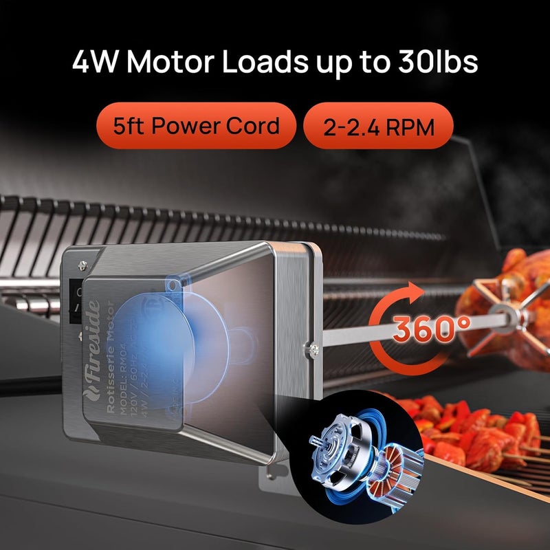 TURBRO Stainless Steel Rotisserie Kit for Gas Grills with A Cookbox up to 39’’ - Includes 4W Electric Motor, 34’’ - 45’’ × 5/16" Square Spit Rod, Meat Forks, Counterweight - for Outdoor BBQ - Image 2